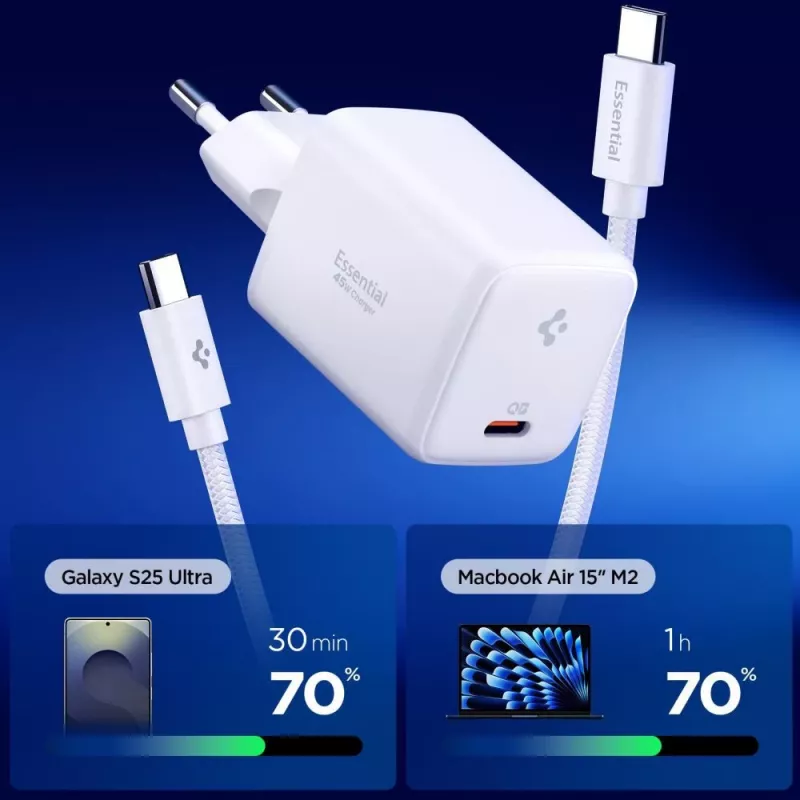 SPIGEN EE451EU Essential 1-portový sieťový nabíjací adaptér 45W + USB-C kábel biely
