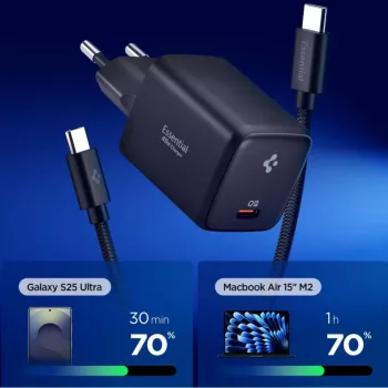 SPIGEN EE451EU ESSENTIAL 1-portový sieťový nabíjací adaptér 45W + Type-C kábel čierny