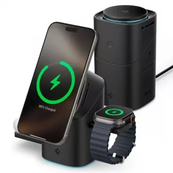 SPIGEN EF223MS Essential 3-in-1 rotačná magnetická MagSafe bezdrôtová nabíjačka 15W Qi2 čierna