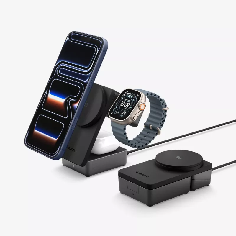 SPIGEN EF323MQ Essential 3-in-1 magnetická MagSafe bezdrôtová nabíjačka 25W Qi2 čierna