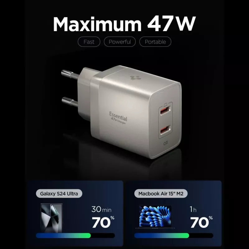 SPIGEN EE472EU-GAN Essential 2-Port sieťová nabíjačka 47W Natural Titanium