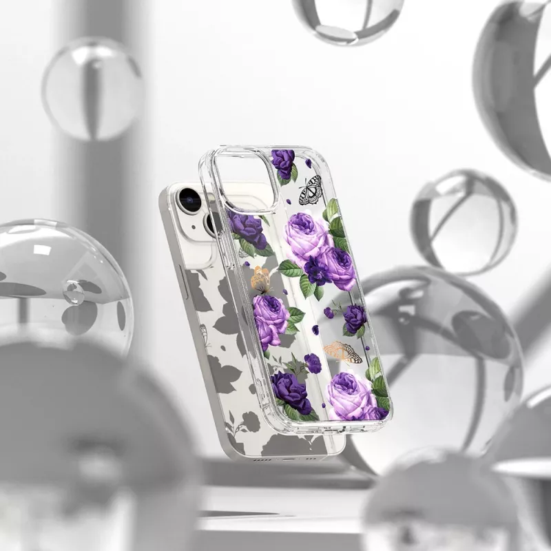 Ringke Fusion Design Hybrid Protective Case pre Apple iPhone 14 Plus, transparentné s Purple Rose rámom, certifikované MIL-STD 810G-516.6