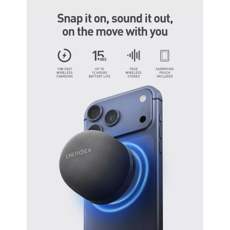 ENERGEA MagAudio Go Plus Qi MagSafe prenosný Bluetooth reproduktor s popruhom, grafitová