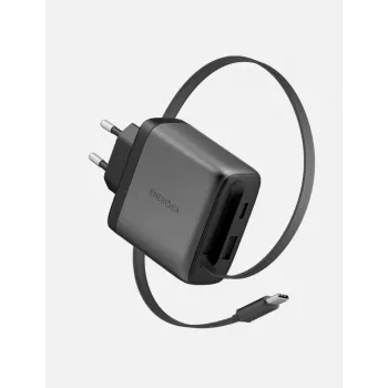 ENERGEA Ampcharge Arc 65W GaN USB-A/USB-C nástenná nabíjačka so zabudovaným USB-C káblom, Gunmetal