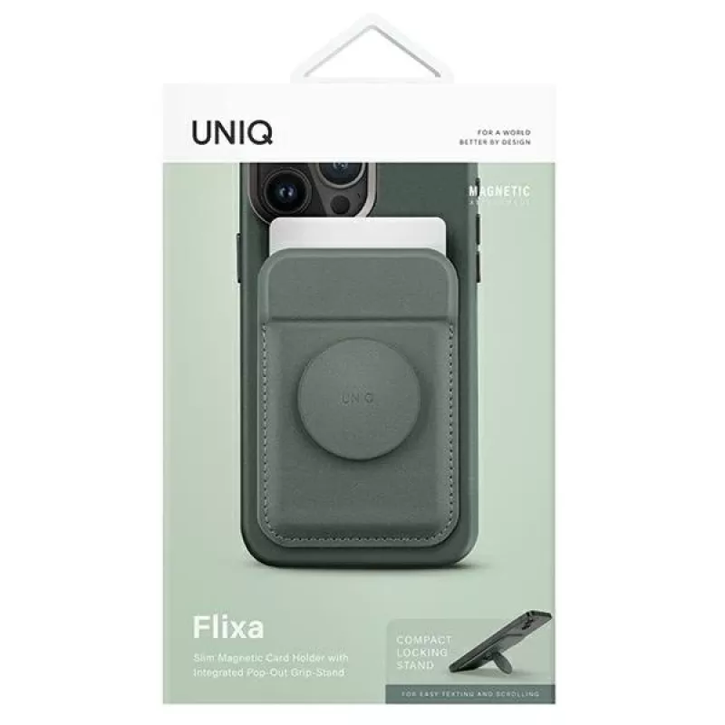 UNIQ Flixa magnetická peňaženka na karty so stojanom Lichen Green MagSafe