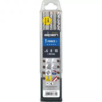 Alpen SDS+ FORCE X sada vrtákov do betónu, 3 ks, 6-8-10 x 160 mm, 4-britové, karbid
