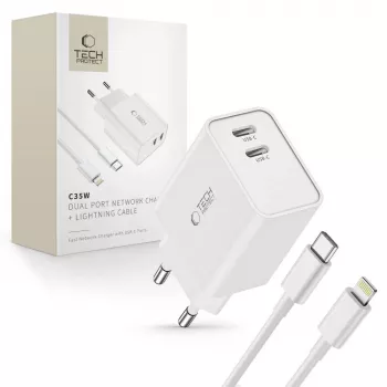 TECH-PROTECT C35W 2-portová sieťová nabíjačka PD 35W + Lightning kábel biela