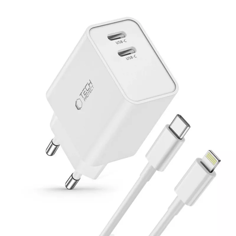 TECH-PROTECT C35W 2-portová sieťová nabíjačka PD 35W + Lightning kábel biela