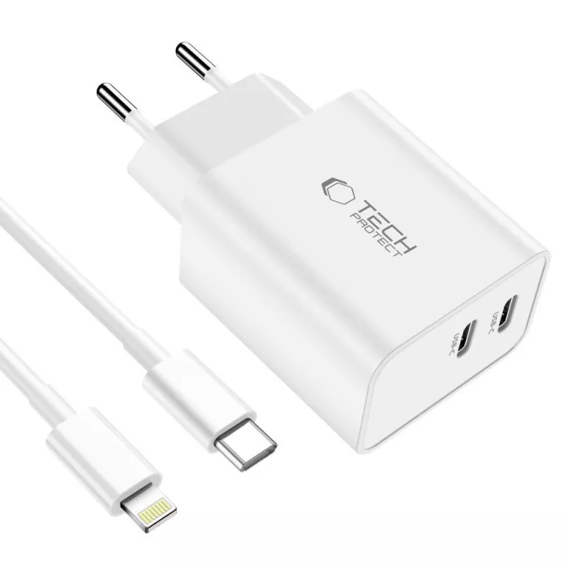TECH-PROTECT C35W 2-portová sieťová nabíjačka PD 35W + Lightning kábel biela