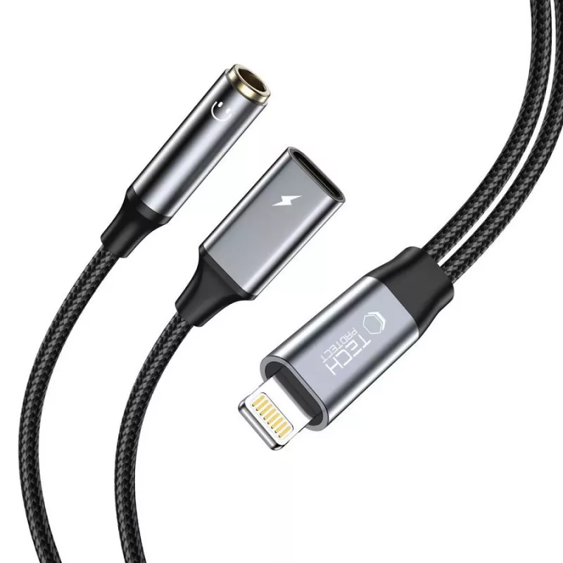 TECH-PROTECT ULTRABOOST káblový adaptér Lightning na 3,5 mm mini jack & Lightning, čierny