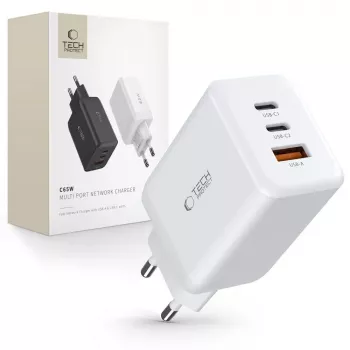 TECH-PROTECT C65W 3-portový sieťový nabíjací adaptér PD 65W / QC3.0 biely