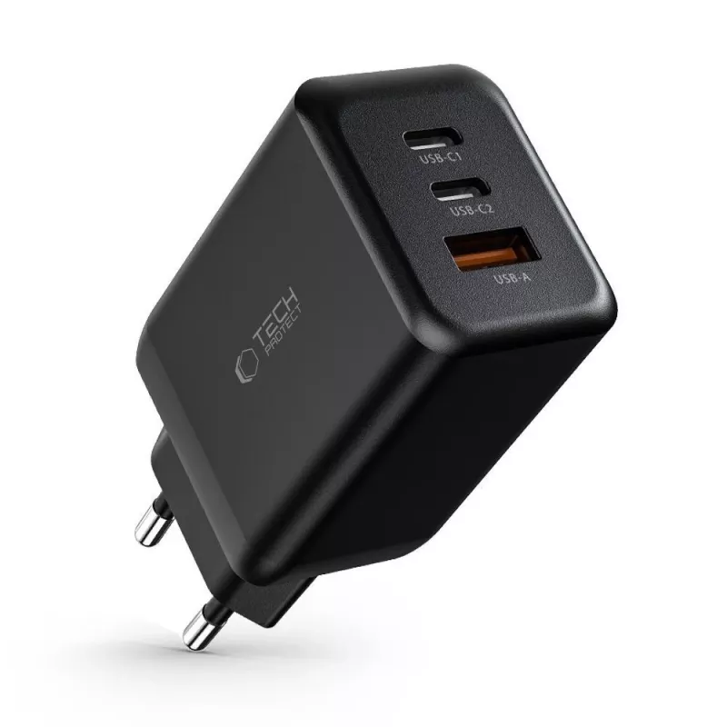 TECH-PROTECT C65W 3-portový sieťový nabíjací adaptér PD 65W / QC3.0 čierny