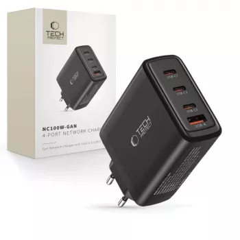 Tech-Protect NC100W-GAN 4-portový čierny GaN nástenný nabíjací adaptér 100W USB-C