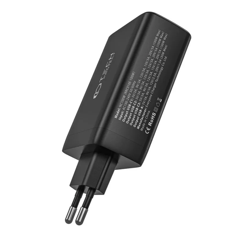 Tech-Protect NC100W-GAN 4-portový čierny GaN nástenný nabíjací adaptér 100W USB-C