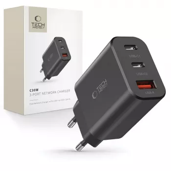 Tech-Protect NC30W 3-portový USB-C nabíjací adaptér čierny 30W