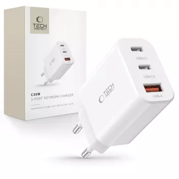Tech-Protect NC30W 3-portový USB-C & USB-A nástenný nabíjací adaptér 30W biely