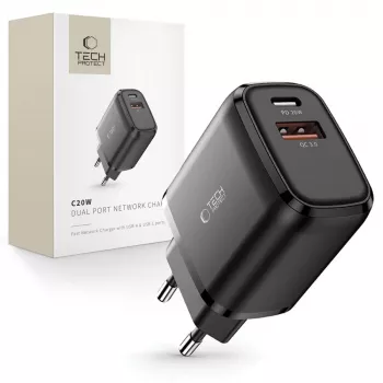 TECH-PROTECT C20W 2-portová sieťová nabíjačka PD20W/QC3.0 čierna