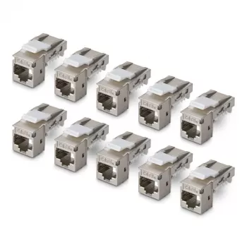 StarTech.com tienený Cat6a Keystone Jack modul 10 ks balenie RJ45 Ethernet konektor samica, STP, 90-stupňový uhol, bez nástrojov, strieborná, 10GBase-T