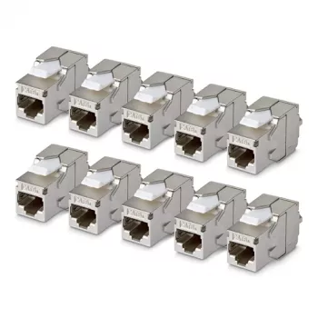 StarTech.com tienený Cat6a Keystone Jack modul, 10 ks balenie RJ45 Ethernet spojka, STP Cat6a nástenná zásuvka, 180 stupňov, bez nástrojov, plochá, strieborná