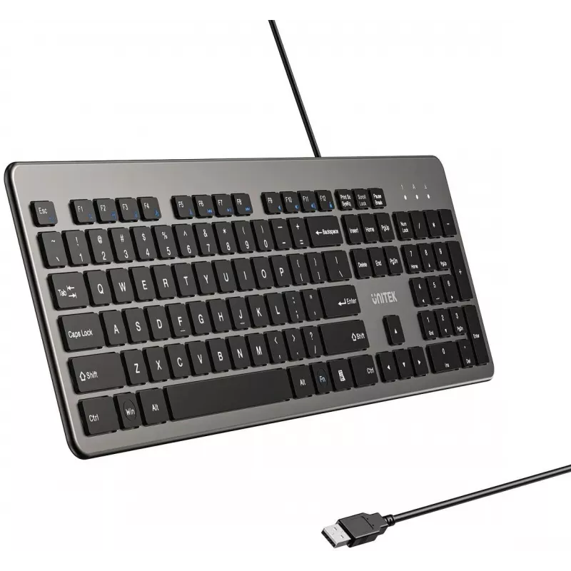 UNITEK SlimTap Káblová kancelárska klávesnica, USB-A, sivá