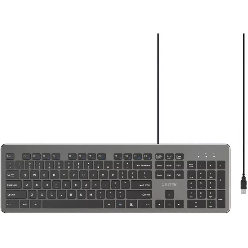 UNITEK SlimTap Káblová kancelárska klávesnica, USB-A, sivá