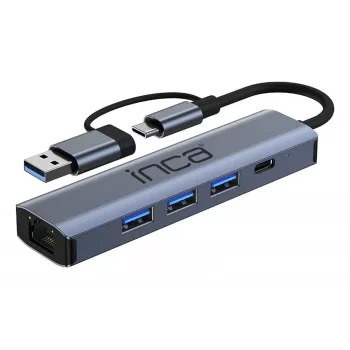 INCA Hub IUTP-5T USB-C/A na 3x USB-A 3.0 / RJ45 5 Gbit/s sivý