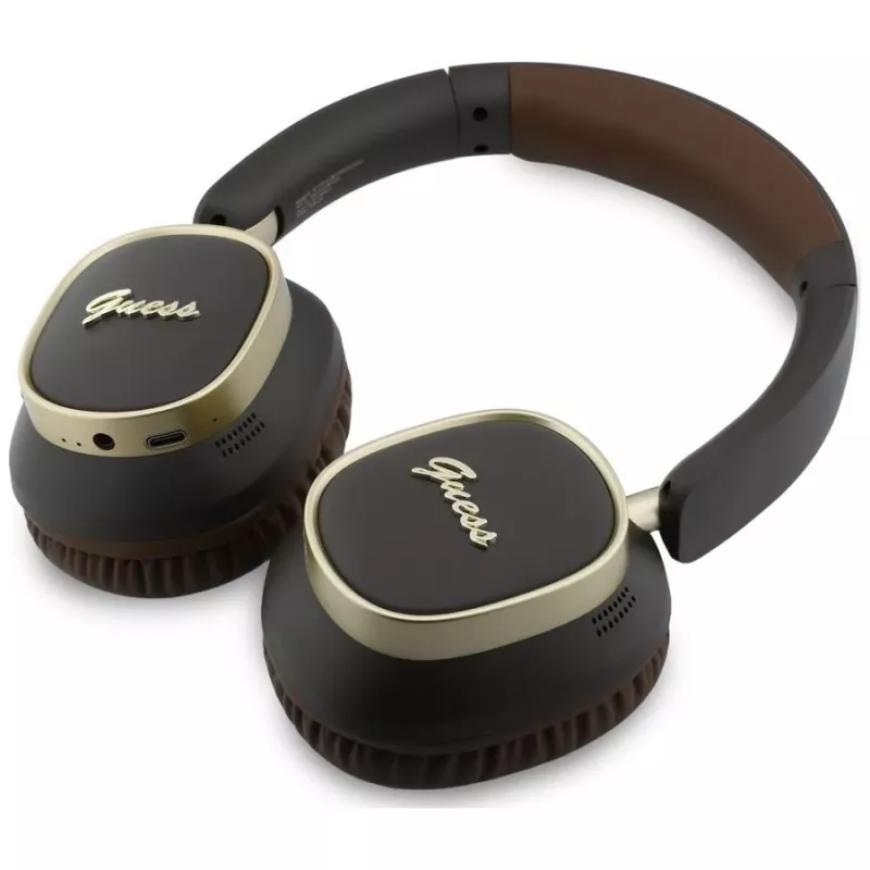 Guess Bluetooth náhlavné slúchadlá ENC Rectangle Metal Script hnedé