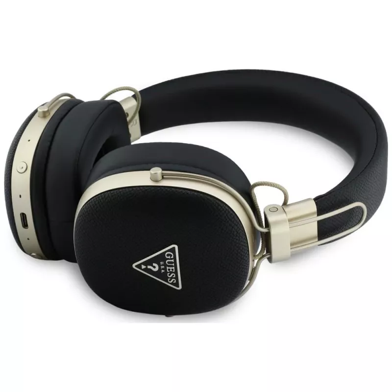 Guess náhlavné Bluetooth slúchadlá s ENC, kovové rebrované trojuholníkové logo, čierne