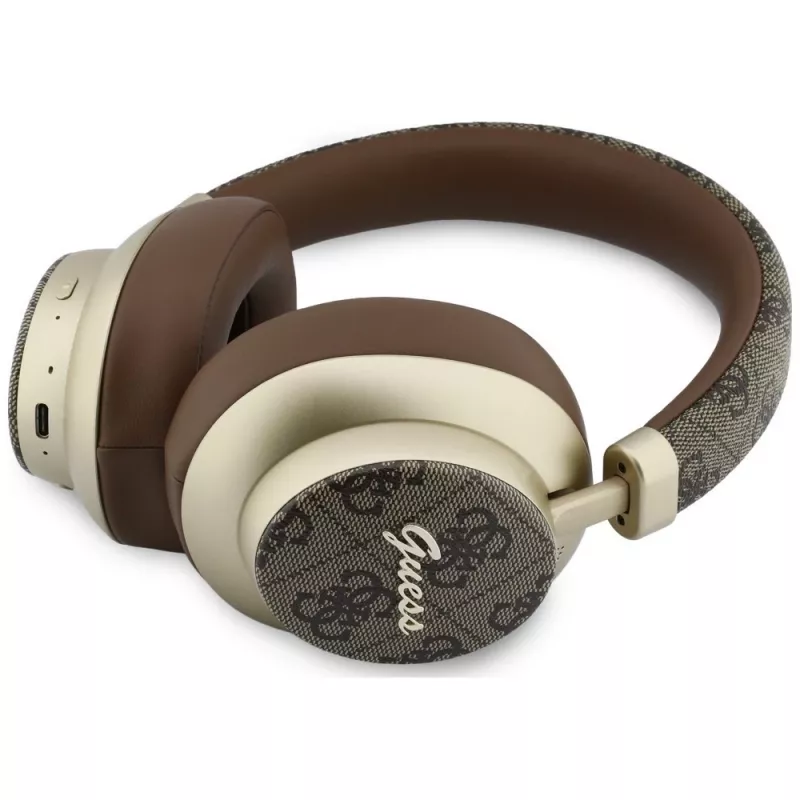 Guess GUE005457 náhlavné Bluetooth slúchadlá s ENC, hnedé, Gold Script Metal dizajn