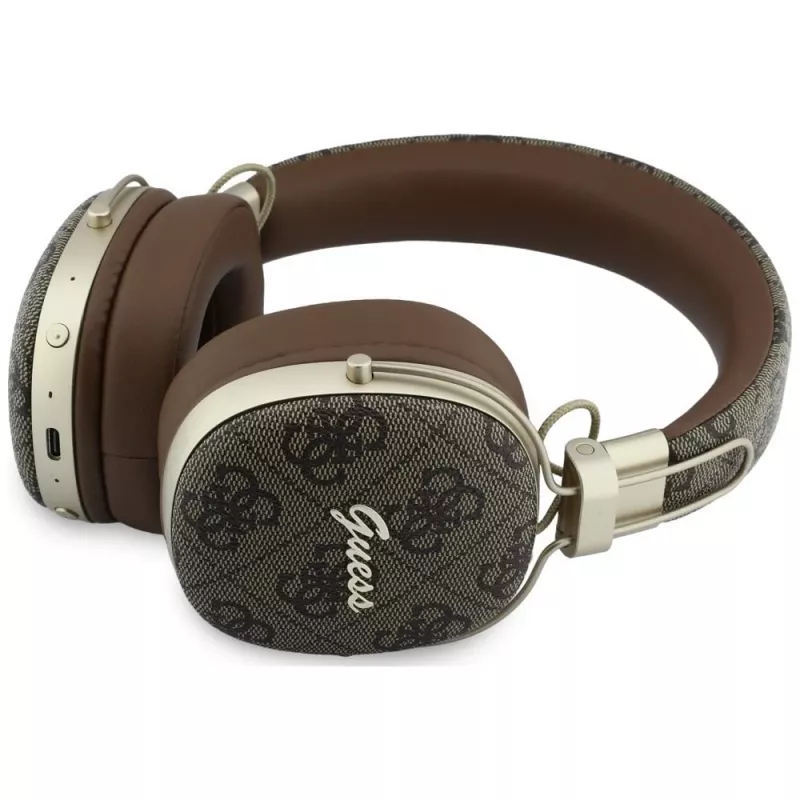 Guess GUE005462 náhlavné Bluetooth slúchadlá s ENC, kovový dizajn, 4G Script Logo, hnedé