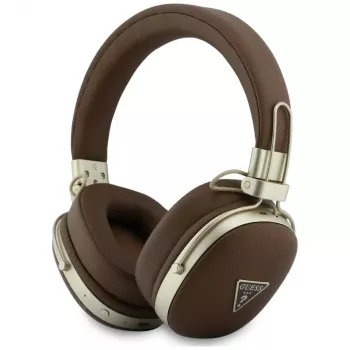 Guess GUE005460 náhlavné Bluetooth slúchadlá s ENC, hnedé, kovové rebrované trojuholníkové logo
