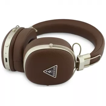 Guess GUE005460 náhlavné Bluetooth slúchadlá s ENC, hnedé, kovové rebrované trojuholníkové logo
