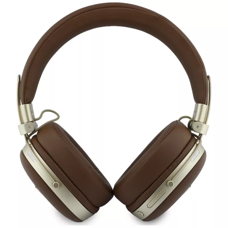 Guess GUE005460 náhlavné Bluetooth slúchadlá s ENC, hnedé, kovové rebrované trojuholníkové logo