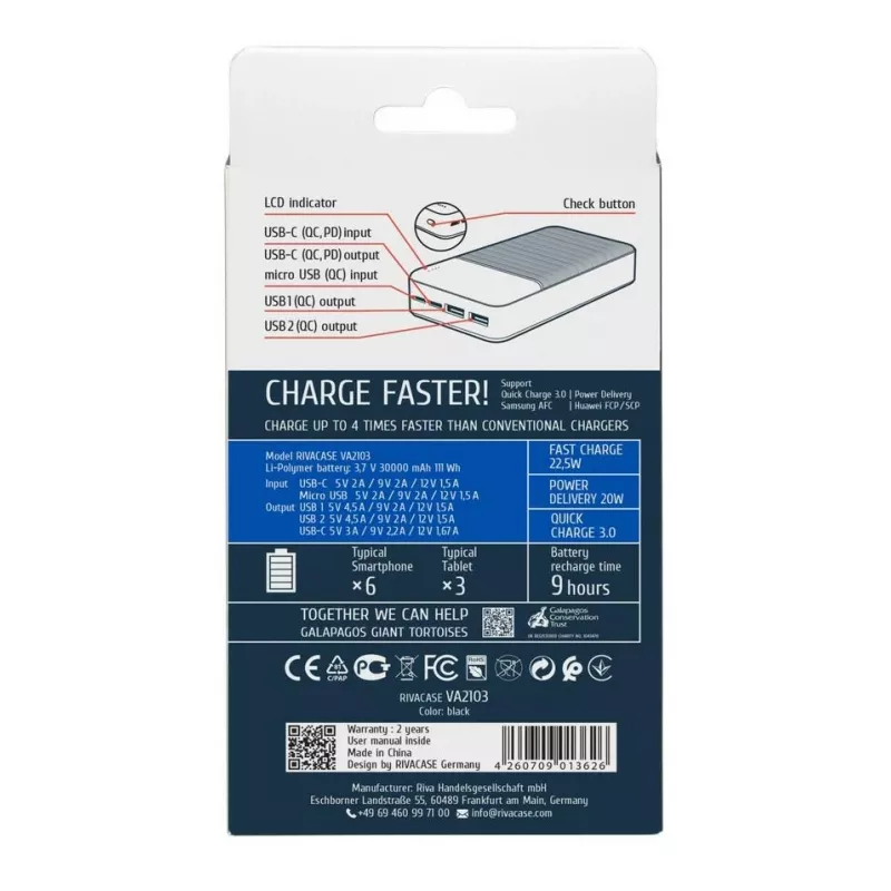 Rivacase VA2103 powerbanka 30000 mAh 22.5W čierna