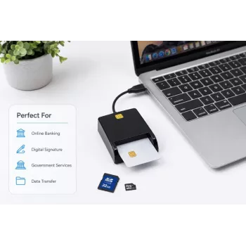 iLike 4-in-1 USB čítačka smart kariet s podporou SIM, SD a micro-SD, CAC čítačka pre preukazy, bankové karty, eID a pamäťové karty, čierna