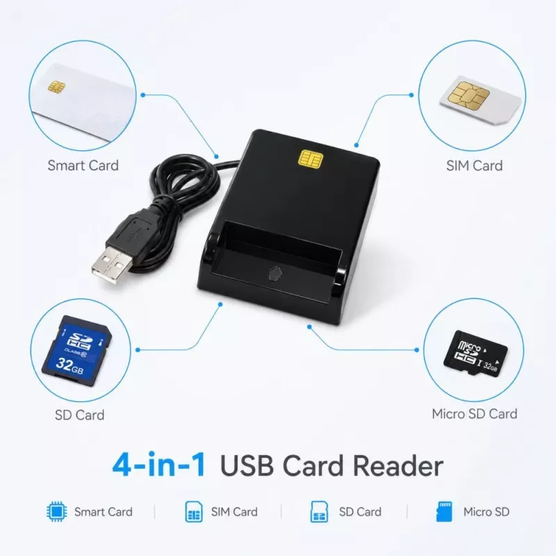 iLike 4-in-1 USB čítačka smart kariet s podporou SIM, SD a micro-SD, CAC čítačka pre preukazy, bankové karty, eID a pamäťové karty, čierna