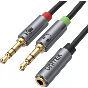 UNITEK Y-C957ABK 3.5mm mini jack audio splitter kábel, konektor samica na 2x konektor samec, 20 cm, čierny