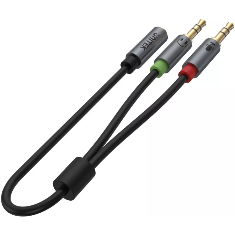 UNITEK Y-C957ABK 3.5mm mini jack audio splitter kábel, konektor samica na 2x konektor samec, 20 cm, čierny