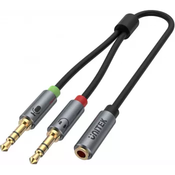 UNITEK Y-C957ABK 3.5mm mini jack audio splitter kábel, konektor samica na 2x konektor samec, 20 cm, čierny