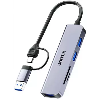 UNITEK 5-in-1 USB-C hub s SD a MicroSD čítačkou kariet, 5 Gbit/s, Space Grey