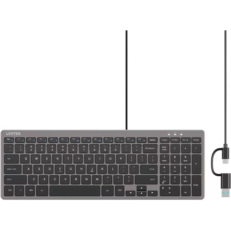 UNITEK SlimTap ľahká káblová kancelárska klávesnica USB-C/USB-A