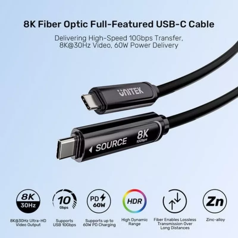 UNITEK USB-C Active Optical Cable 5m - 10Gbps, PD 60W, 8K@30Hz, čierna