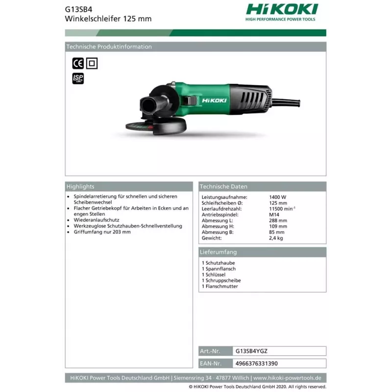 Hikoki G13SB4YGZ uhlová brúska 3,1 kg
