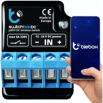 BLEBOX SwitchBoxDC Wi-Fi reléový modul 1-kanál 10A 12-24V DC