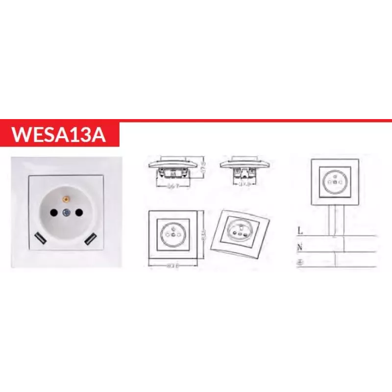 VCX WESA LC 13A samostatná zásuvka s USB nabíjačkou biela