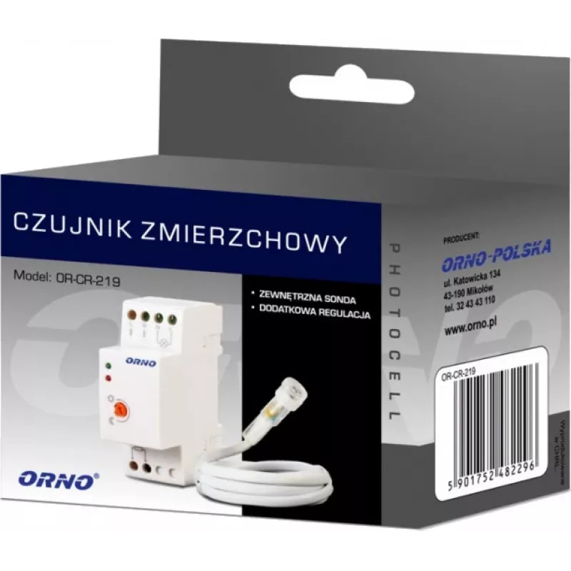 ORNO OR-CR-219 súmrakový spínač na lištu s externým fotorezistorom, 230V AC, 10A, 2-100 lux
