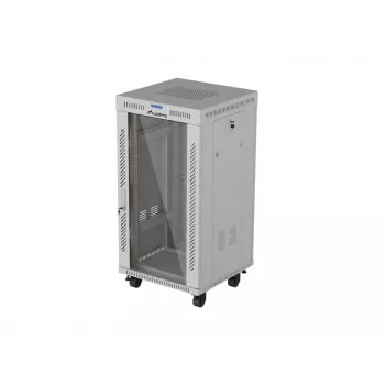 LANBERG 19 palcový 22U stojanový rozvádzač 600x600 mm sivý s tvrdenými sklenenými dverami a LCD displejom (Flat Pack)