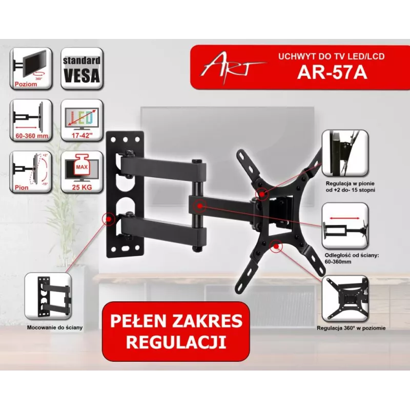 ART AR-57A Pevný TV nástenný držiak pre LED/LCD 17-42 palcov čierny