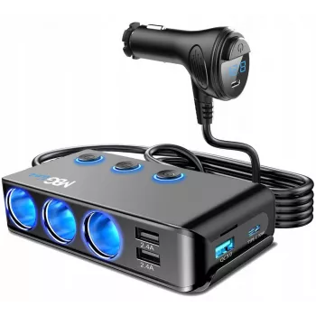 MBG Line HC67C Duálny rozbočovač zásuvky zapaľovača s 3 USB-A portami, 120 W, čierny