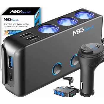 MBG Line HC67C Duálny rozbočovač zásuvky zapaľovača s 3 USB-A portami, 120 W, čierny